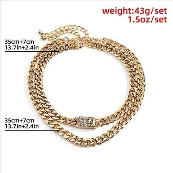 SILVER RHINESTONE LOCK CUBAN CHAIN LINK LAYER CHOKER NECKLACE - Picture 5 of 5